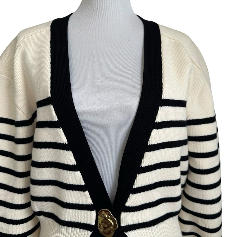 Urban Revivo Womens Striped Knit Cardigan Sweater Sz Lg Black Cream Gold Button - Picture 4 of 11